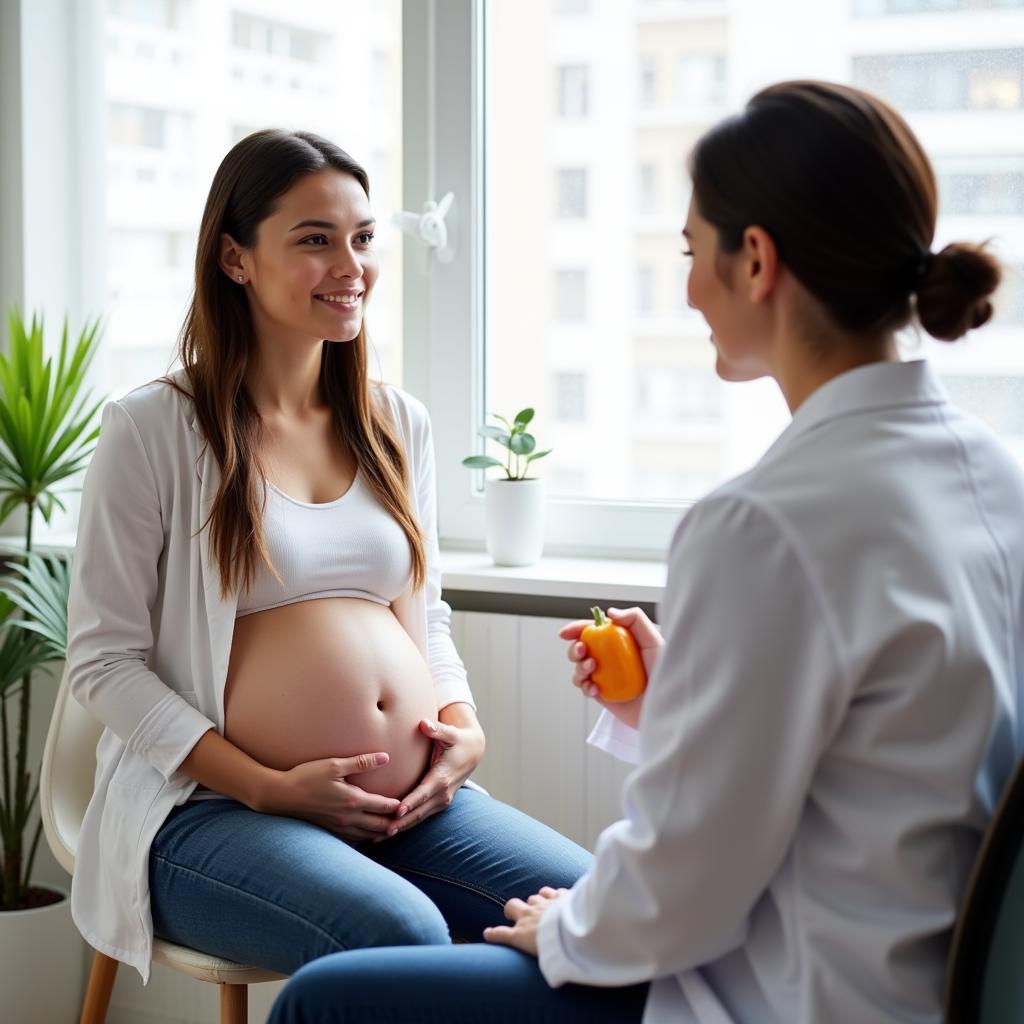 A doctor consulting with a pregnant woman about her diet and baby's growth.