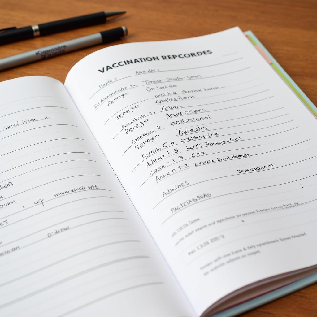 Dog vaccination record book open on a table