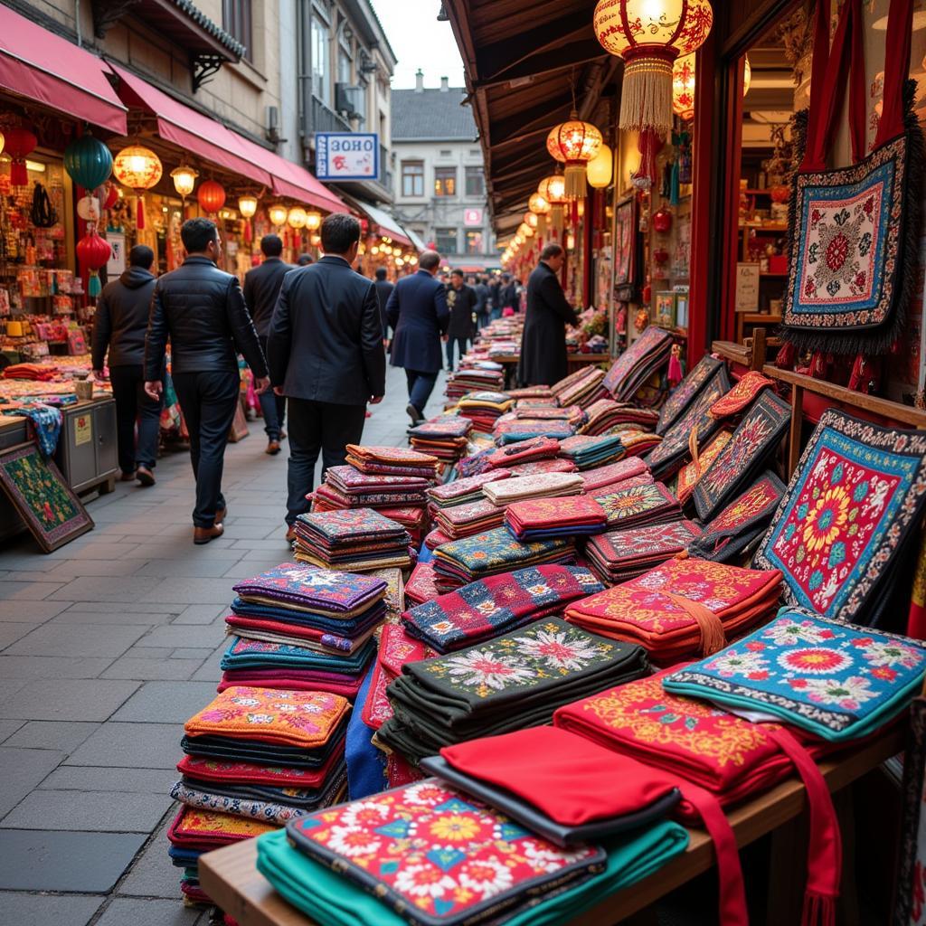 A wide array of hand-embroidered textiles, clothing, and accessories displayed at Dong Xuan Market, Hanoi.