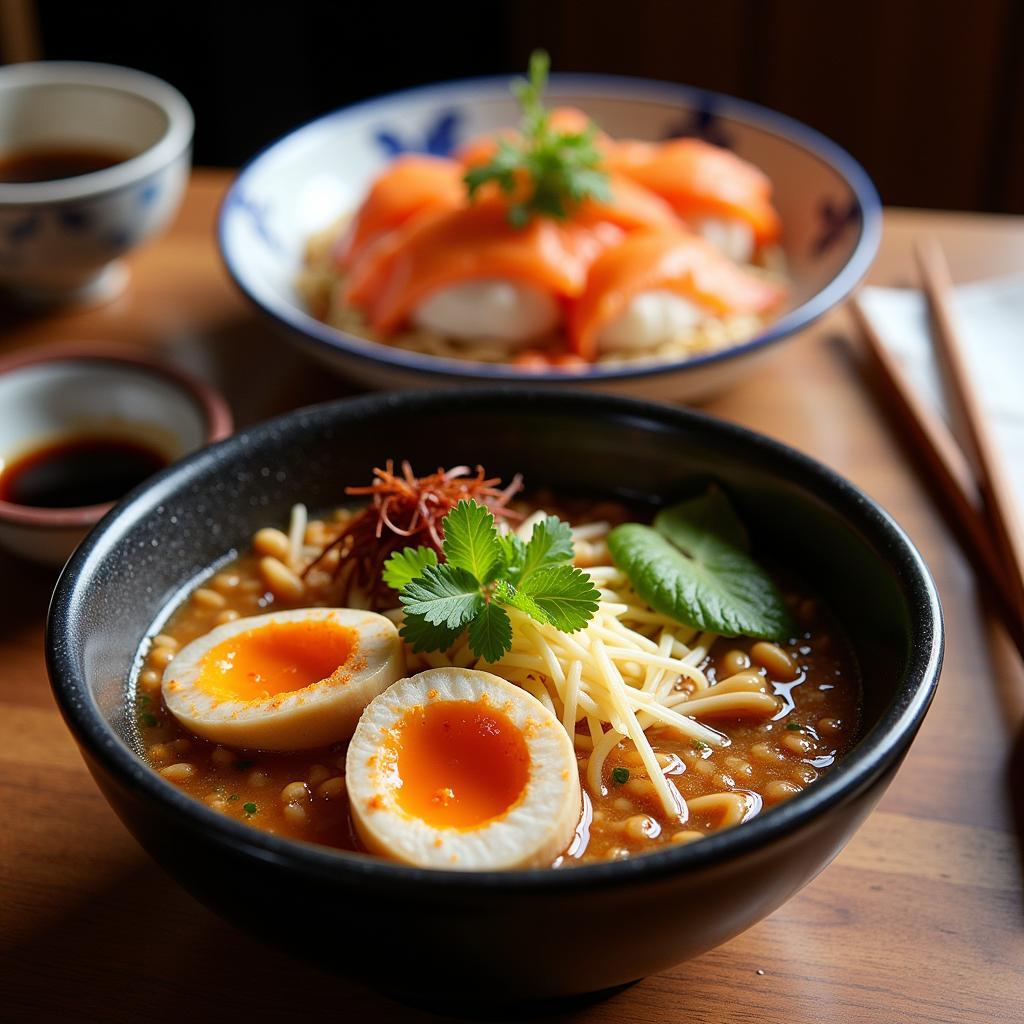 A close-up shot of a pair of chopsticks picking up a piece of sushi, with a bowl of steaming ramen in the background.