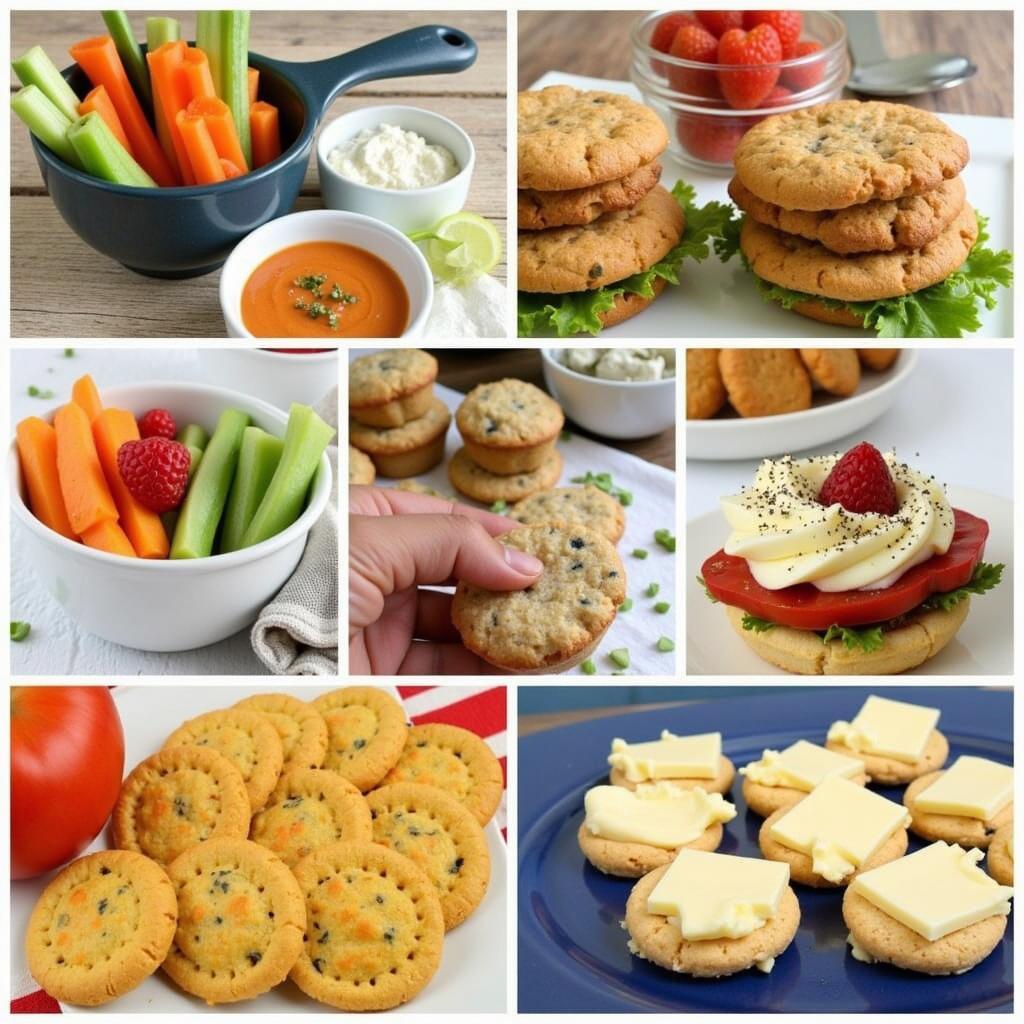 A colorful spread of various easy snacks, including fruits, vegetables, dips, and small bites.