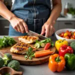 Preparing a colorful eat clean meal with fresh vegetables and lean protein