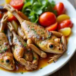 Plate of healthy frog legs with vegetables.