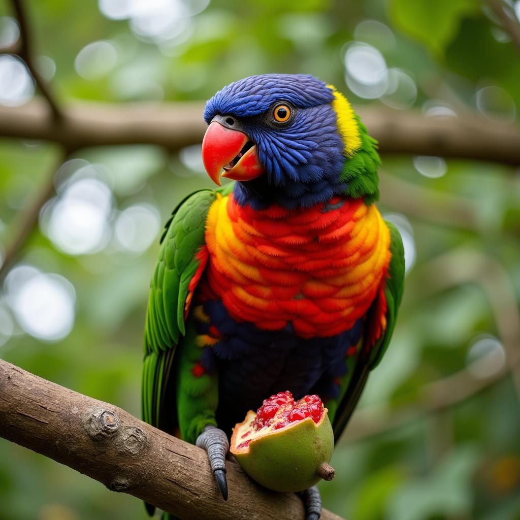 Eclectus parrot perched on a branch enjoying a piece of ripe fruit.