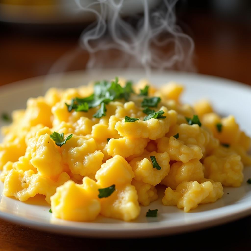 Plate of scrambled eggs with chopped garlic