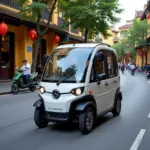 Electric Vehicle Navigating Hanoi's Bustling Streets