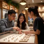 Couple looking at engagement rings in a Hanoi jewelry shop