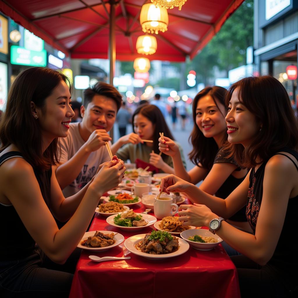 Enjoying a bowl of Bun Bo Hue in a Hanoi street food setting.