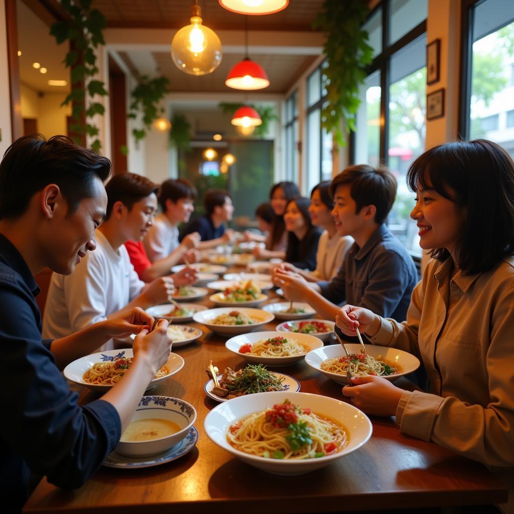 A group of people enjoying bowls of Cao Vân noodles at a local restaurant in Hanoi, experiencing authentic Vietnamese cuisine.