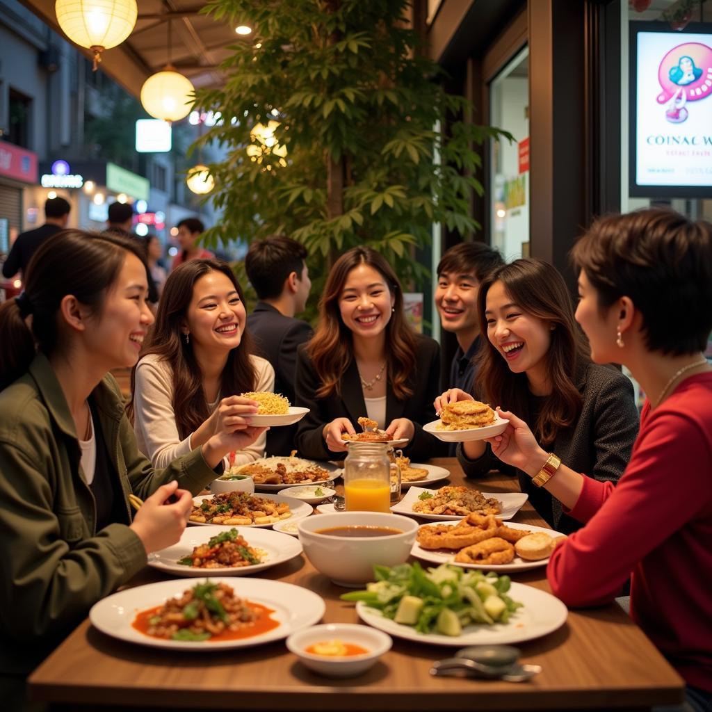 A group of friends enjoying feedy mon an vat in Hanoi's Old Quarter.