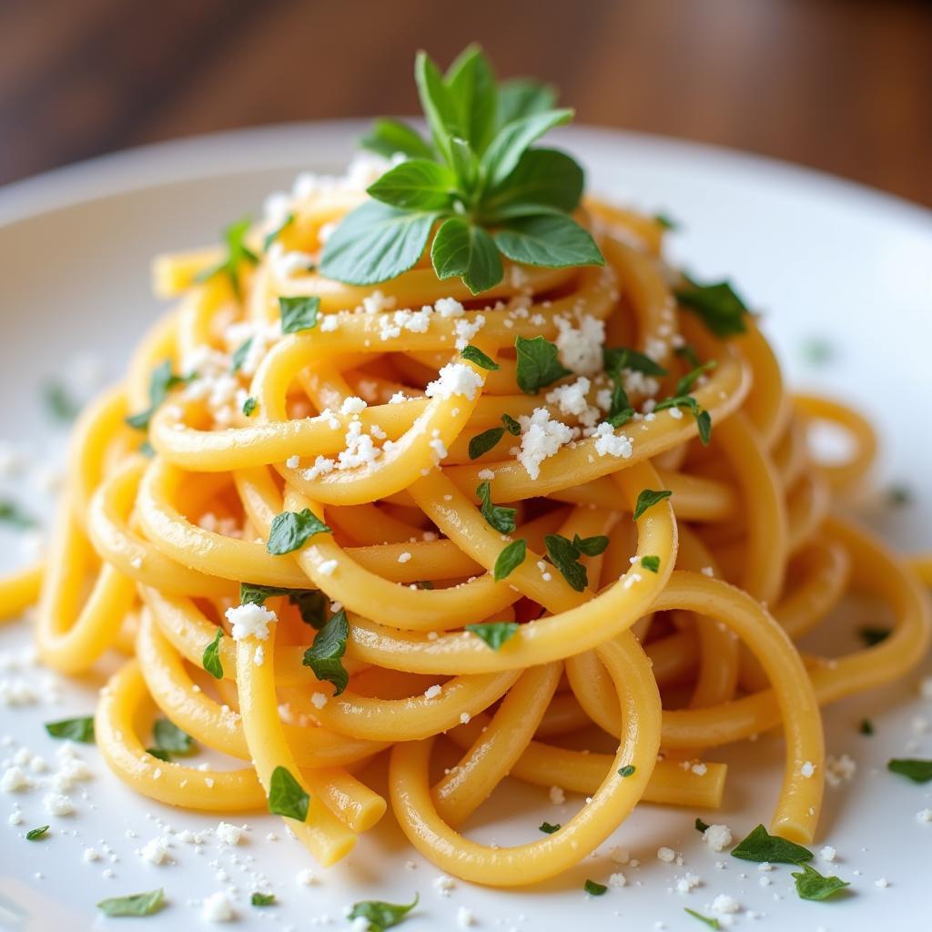 A simple pasta dish plated beautifully.