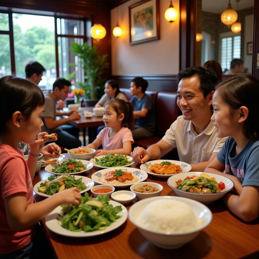 A family enjoying a healthy meal together in a Hanoi restaurant