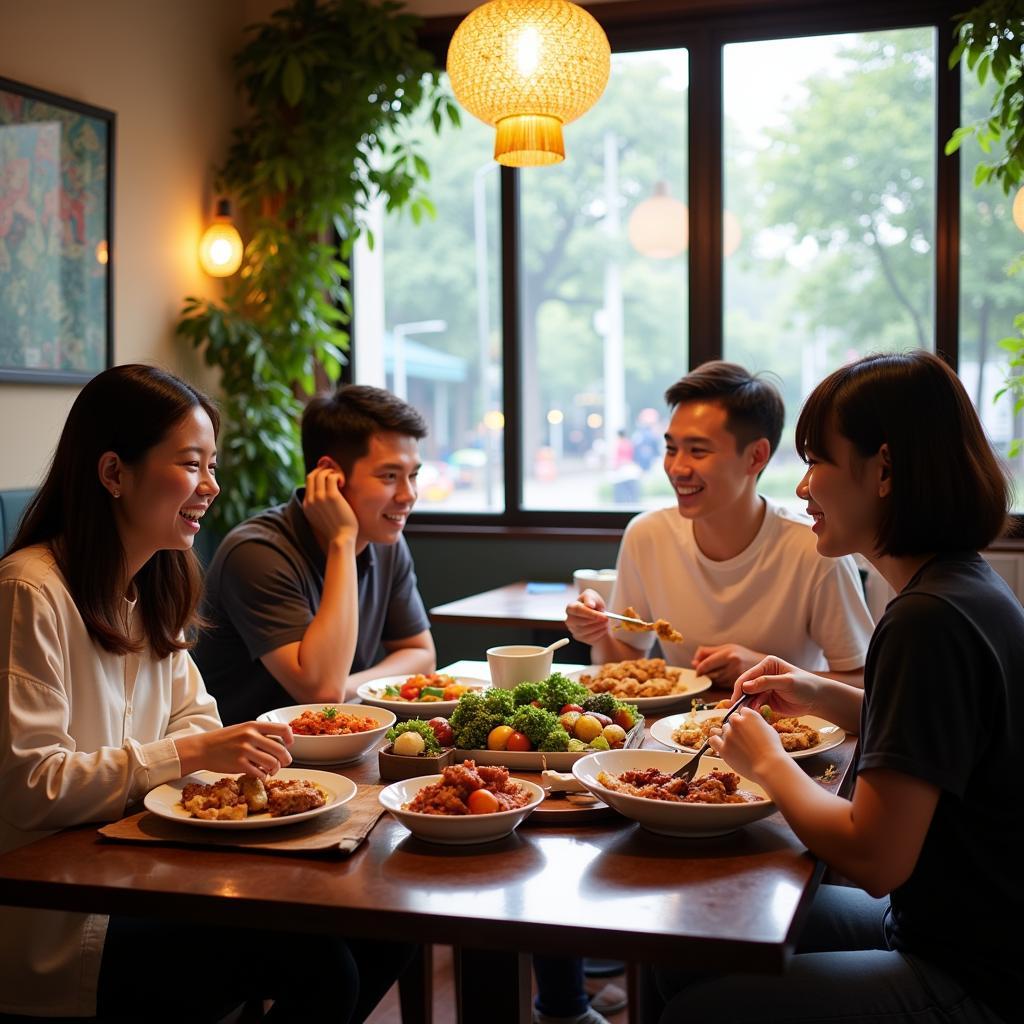 Family enjoying goat dishes at a Hanoi restaurant