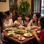 A family enjoying pho together in a Hanoi restaurant