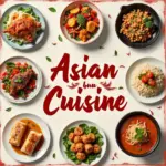 A vibrant collage showcasing a variety of famous Asian dishes, including sushi, Pad Thai, dumplings, and biryani.