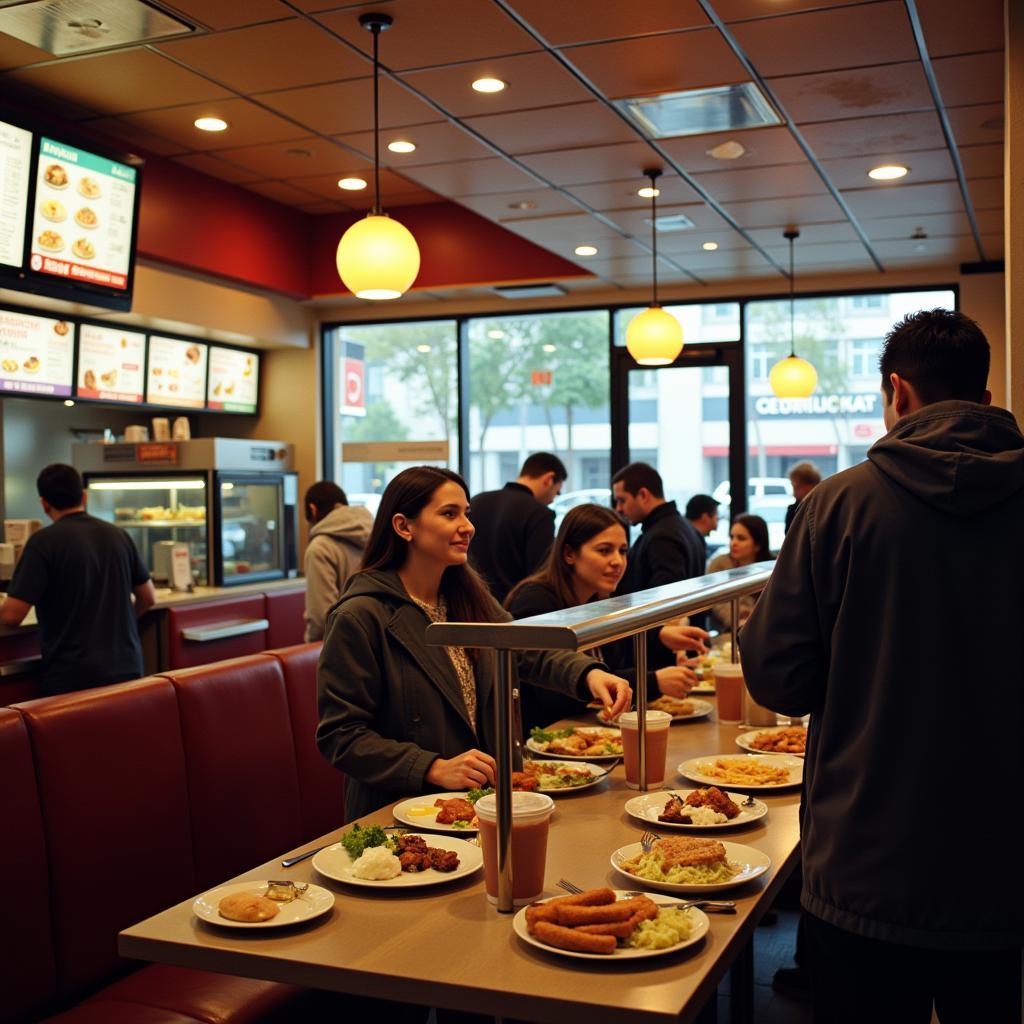 A busy fast food restaurant interior with customers ordering and eating.