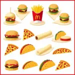 A collage of different fast food items like burgers, fries, pizza, and tacos