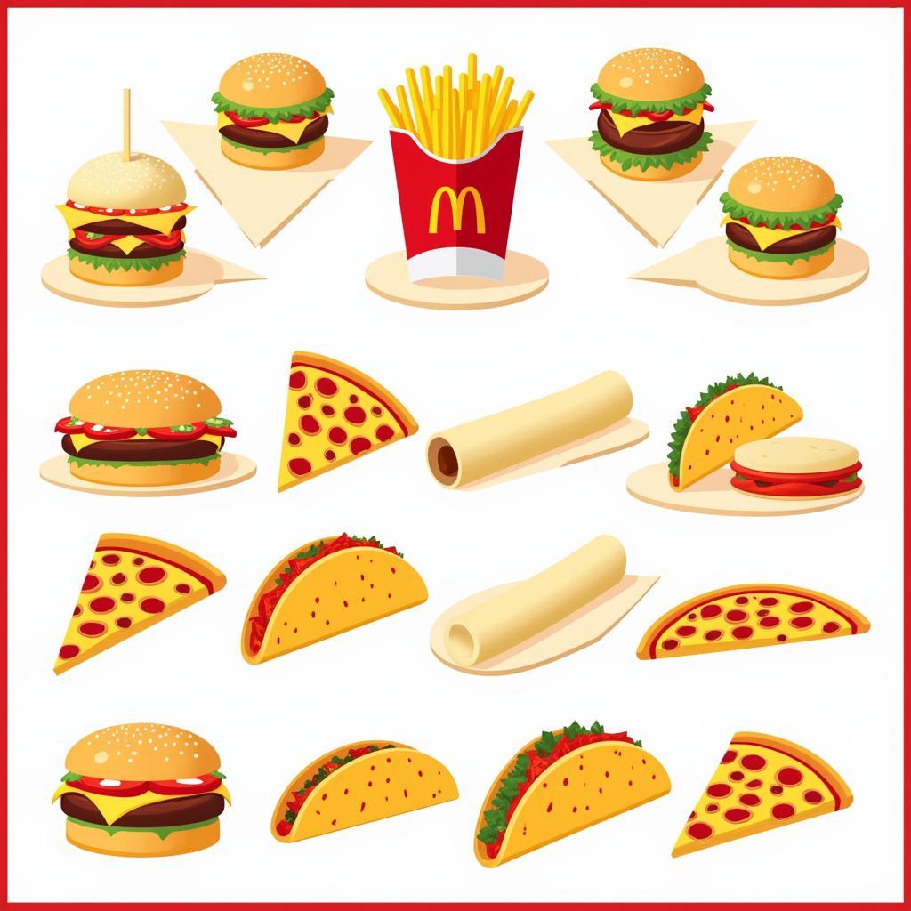 A collage of different fast food items like burgers, fries, pizza, and tacos