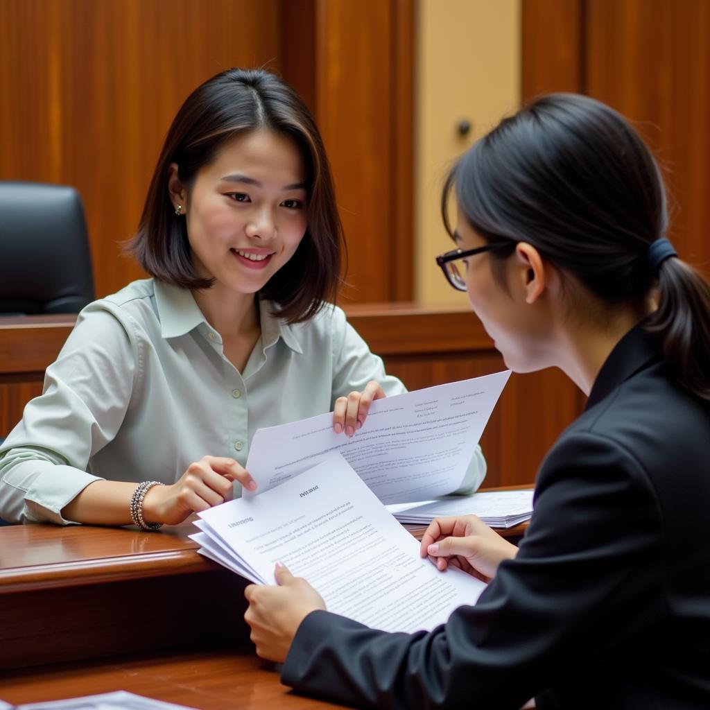 A person submitting documents at a Vietnamese court, highlighting the process of filing a criminal appeal.