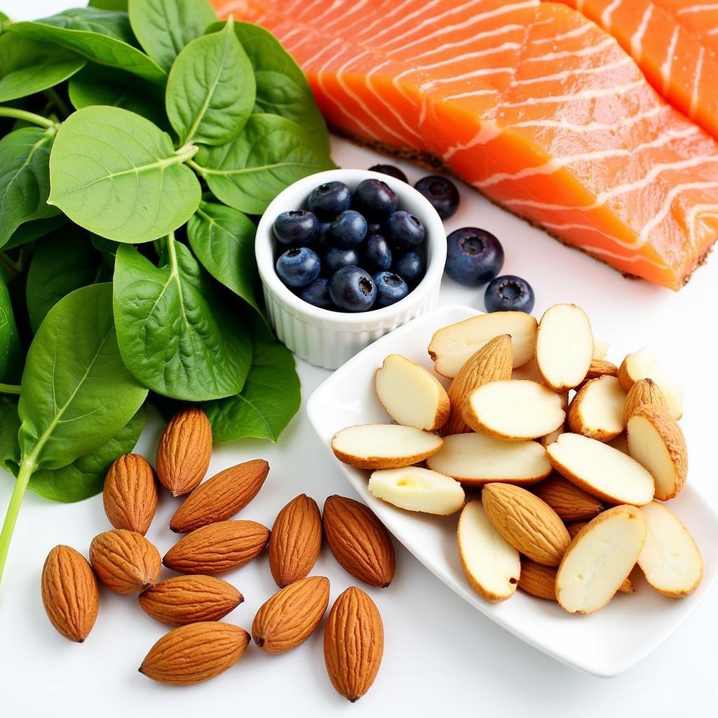 A variety of healthy foods like leafy greens, berries, and fatty fish, beneficial for hormonal balance.