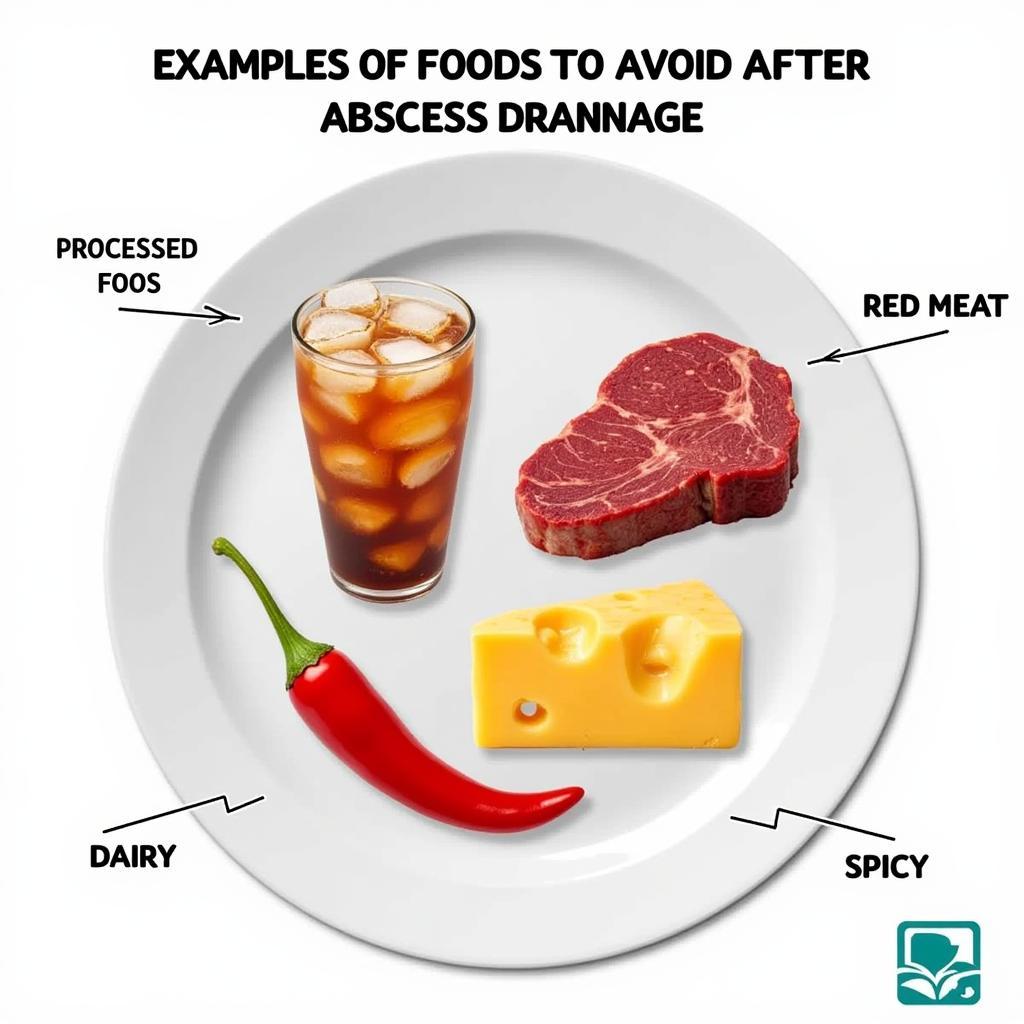 A plate of foods to avoid after abscess drainage, including sugary drinks, processed snacks, and red meat.