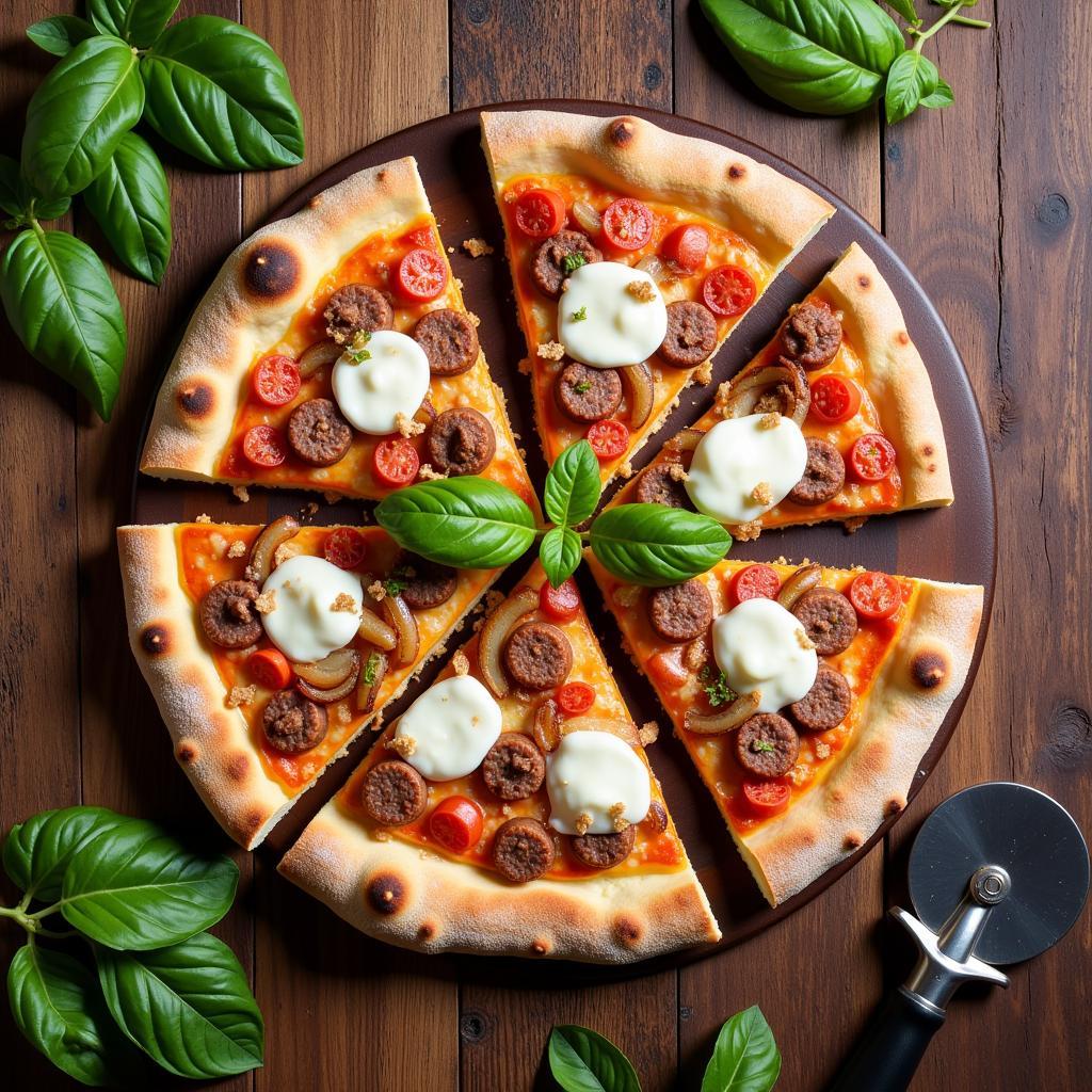 Fresh Sausage Pizza on Rustic Table