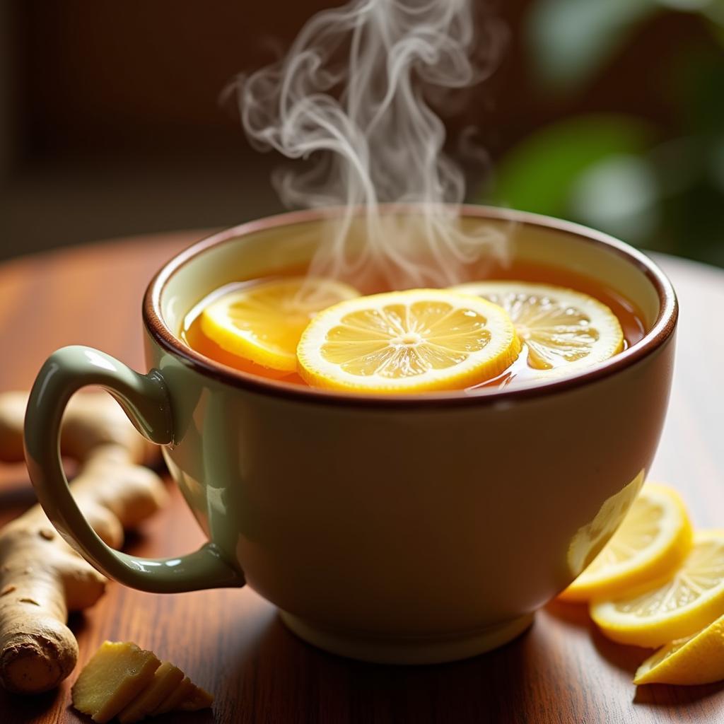 A steaming cup of ginger tea with lemon and honey, a comforting remedy for a sore throat.