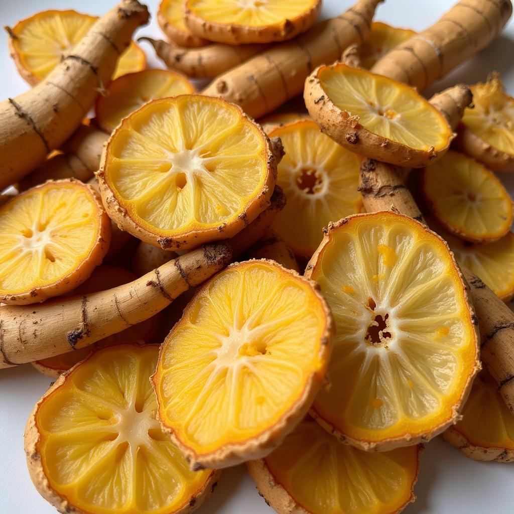 Ginseng roots and slices displayed, showing different forms of the herb.