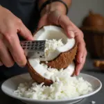 Grating fresh young coconut for Vietnamese coconut jam