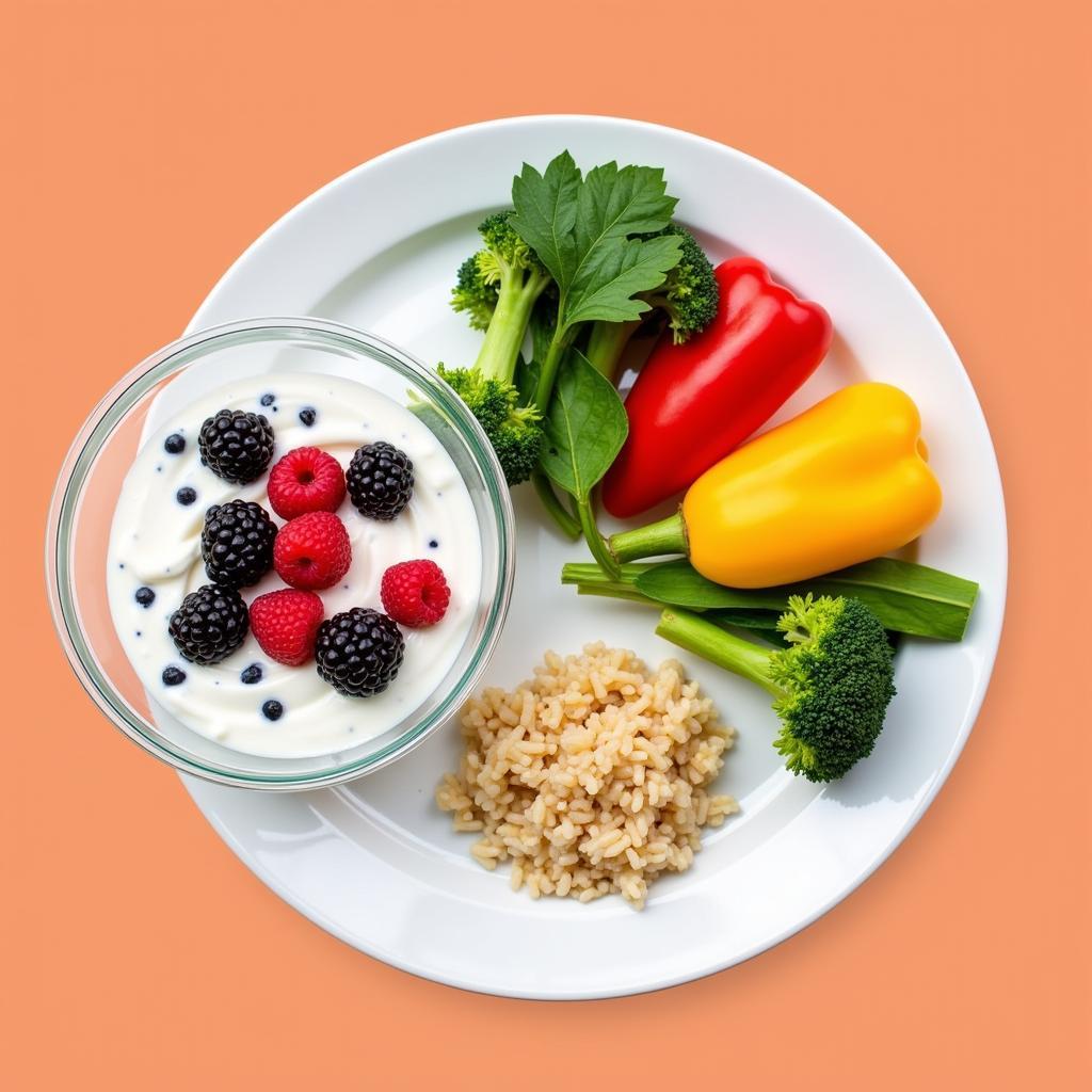 H. pylori Friendly Foods: A colorful plate of fruits, vegetables, yogurt, and whole grains.