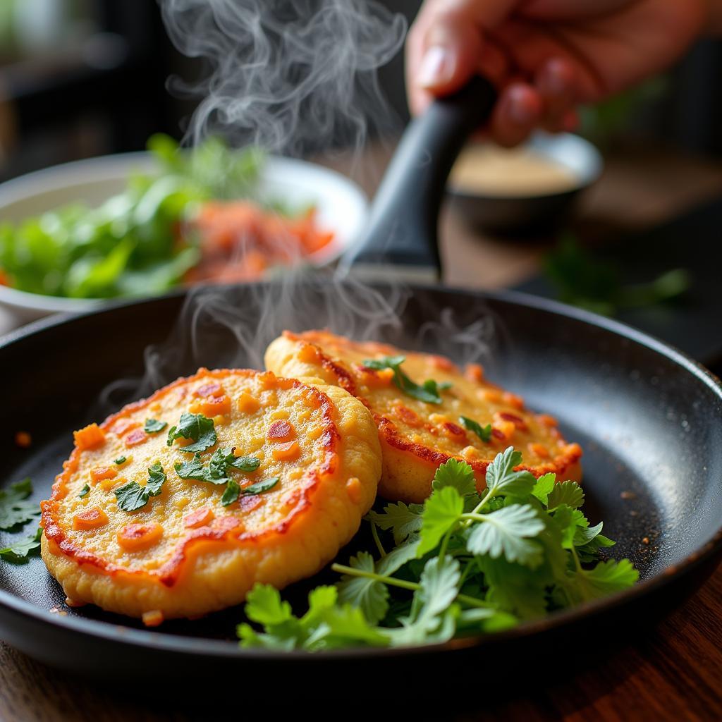 A close-up of a delicious Banh Xeo crepe filled with shrimp, pork, and bean sprouts, served with fresh herbs.