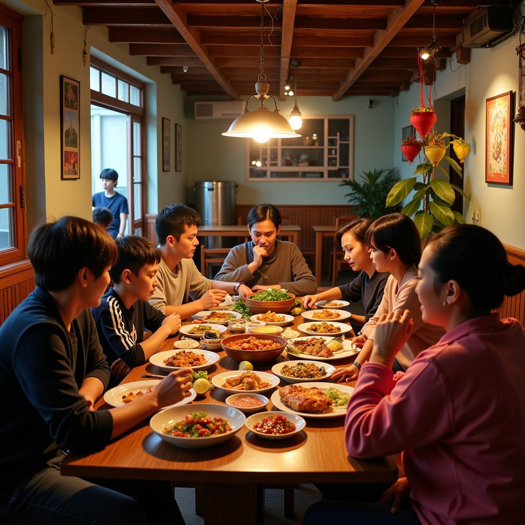 A local restaurant in Ha Dong with a family enjoying a meal together