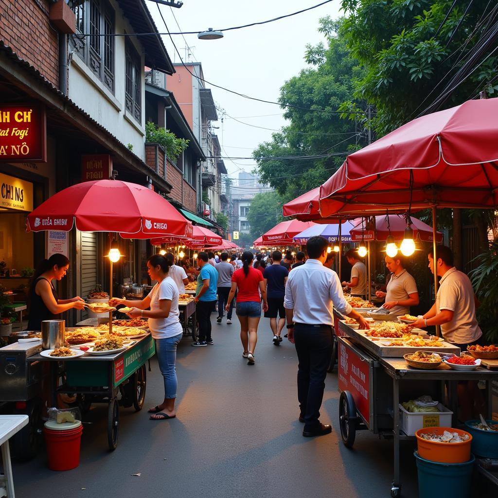 Vibrant street food scene in Ha Dong, Hanoi, with various vendors and locals enjoying snacks.