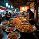 Vibrant street food scene in Ha Dong with various vendors and delicious dishes