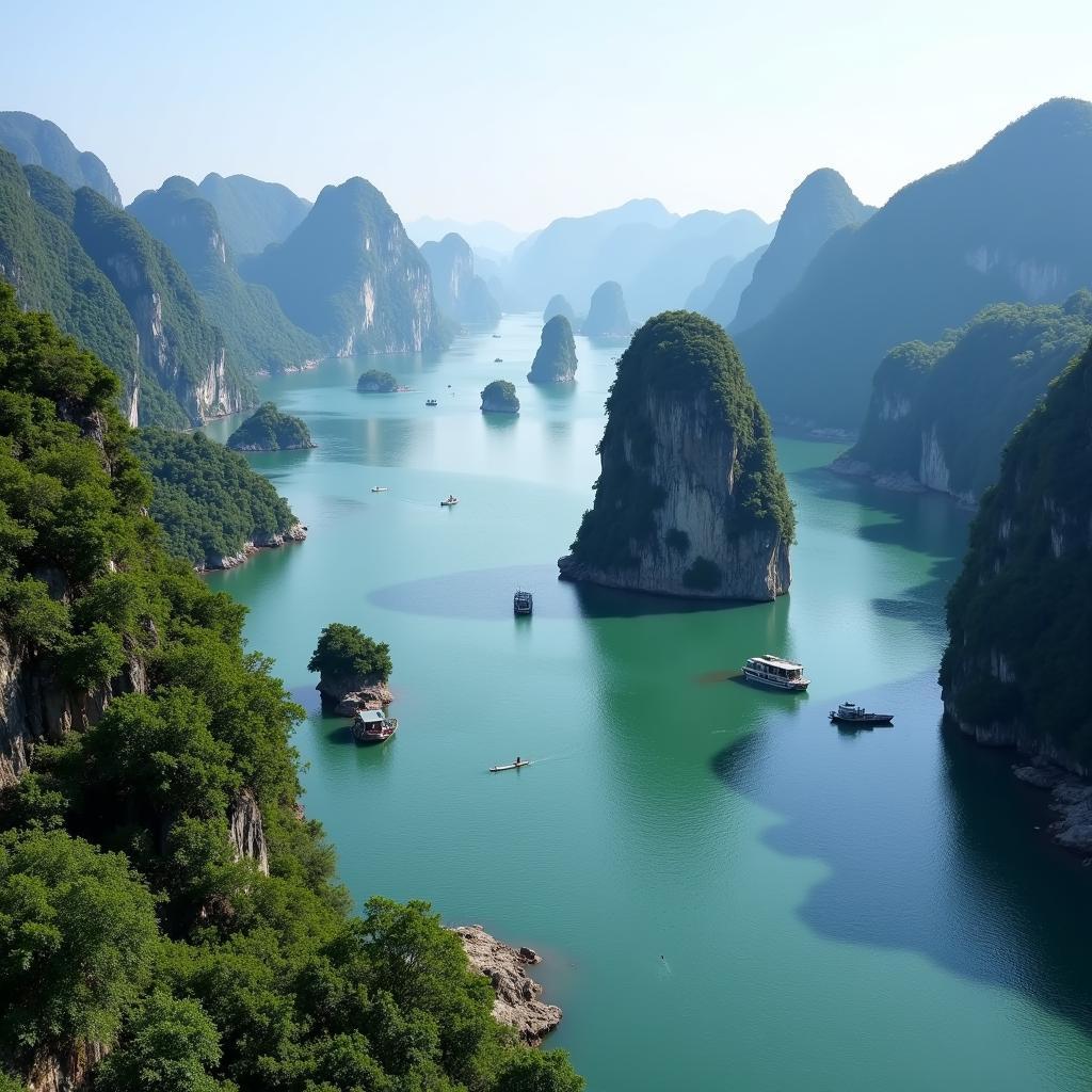 Ha Long Bay: Limestone karsts rising from the emerald water, a legendary landscape believed to be shaped by a descending dragon.