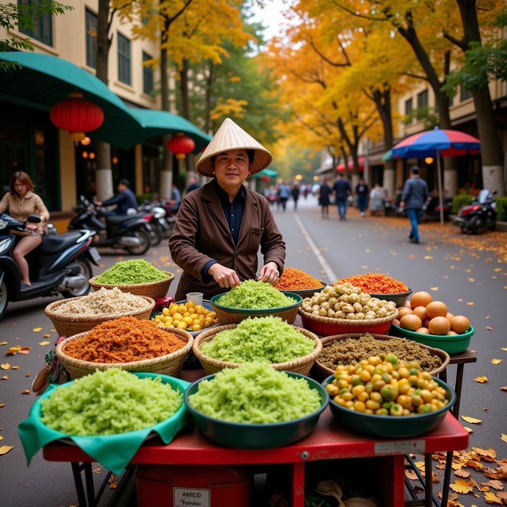 Hanoi street vendor selling com in autumn