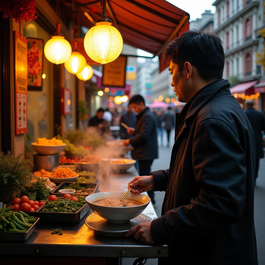 A local enjoying a bowl of pho at a street stall in Hanoi during autumn