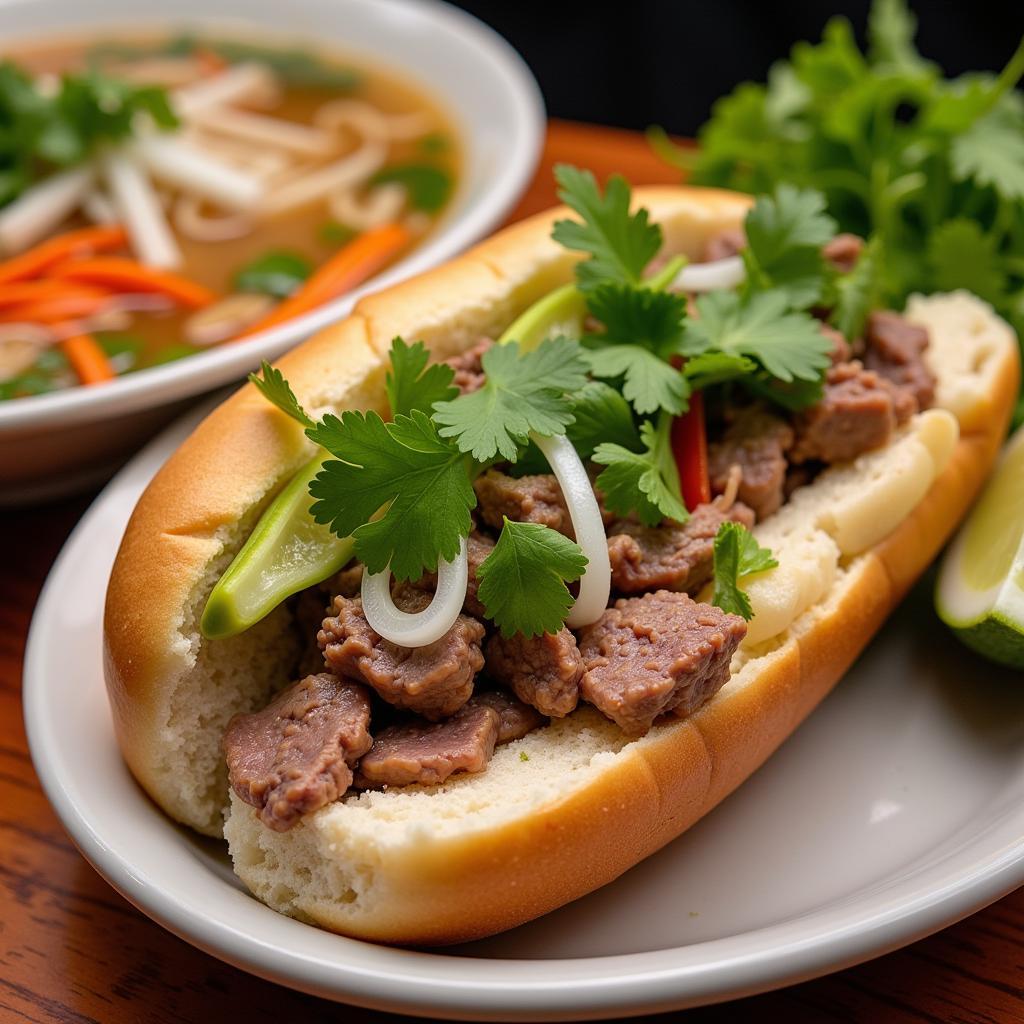 Close-up of Banh Mi and Pho Cuon, Showcasing the Fresh Ingredients and Vibrant Colors