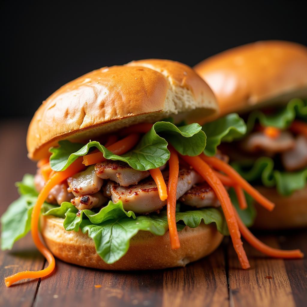 Hanoi Banh Mi raw photography: A close-up shot of a delicious Banh Mi sandwich captured in RAW format, highlighting the fresh ingredients and textures.