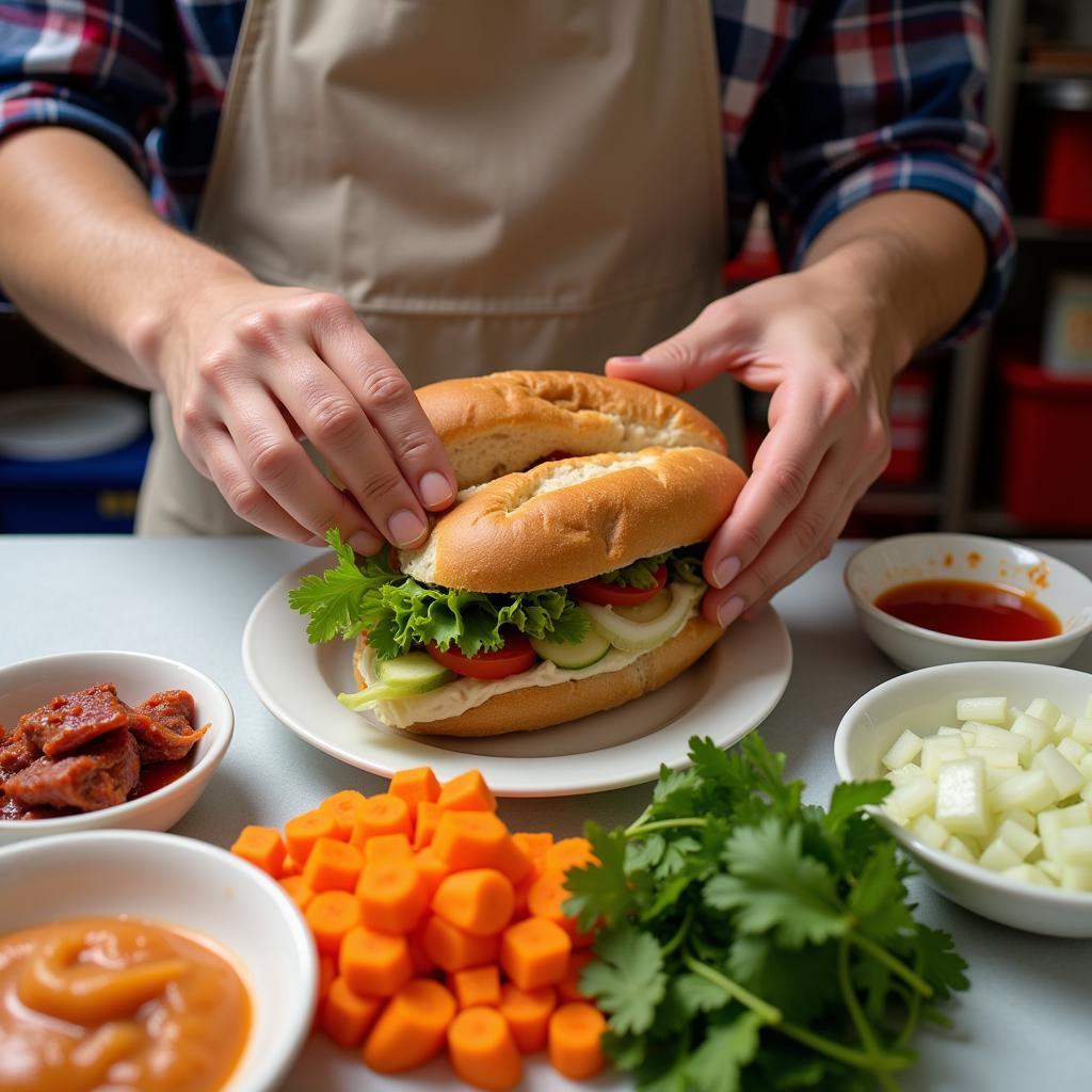 A vendor preparing a fresh banh mi sandwich on a Hanoi street.