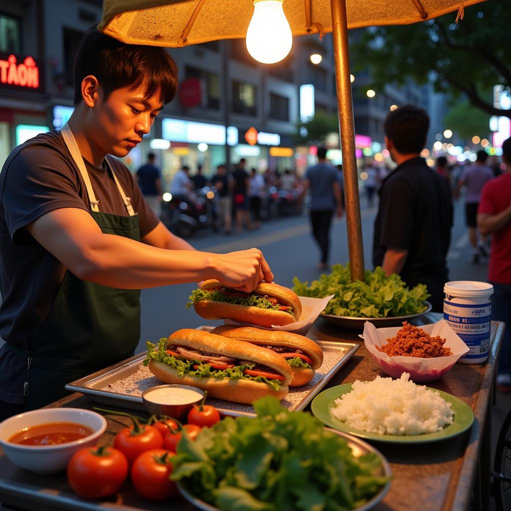 Enjoying a delicious banh mi from a street vendor in Hanoi