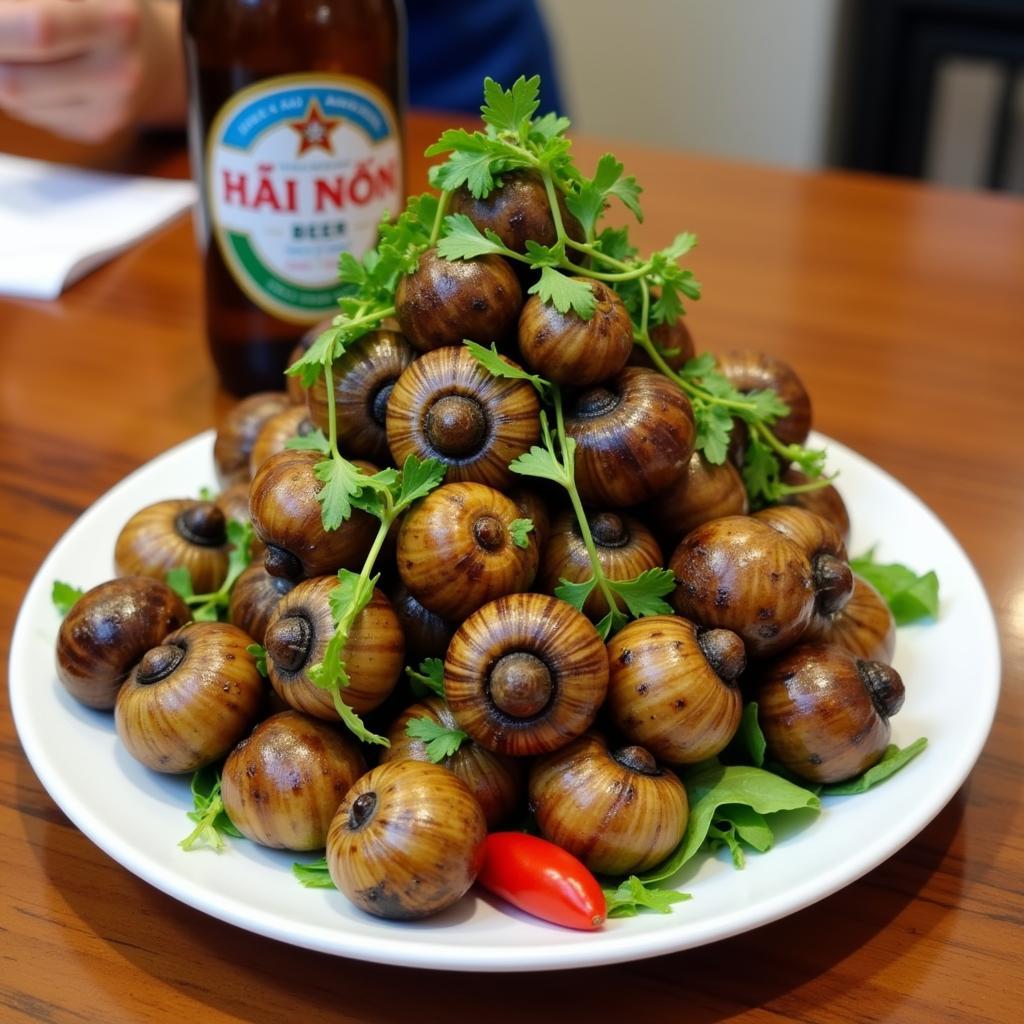 Close-up of a plate of snails with a bottle of Hanoi Beer.