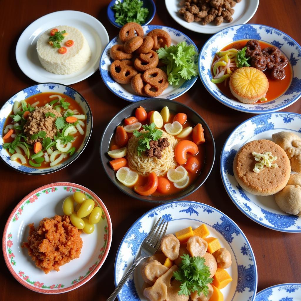 A spread of various Hanoi breakfast dishes, including xoi and bun cha