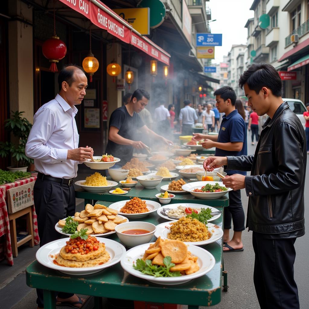 Hanoi street food vendors selling various breakfast dishes like Pho, Banh Cuon, and Xoi.