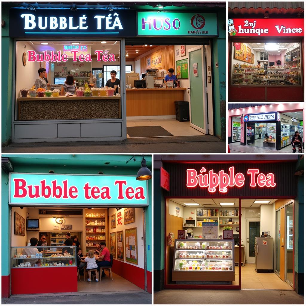 Hanoi Bubble Tea Shops: Colorful storefronts and bustling interiors of bubble tea shops in Hanoi, showcasing a variety of drinks and toppings.