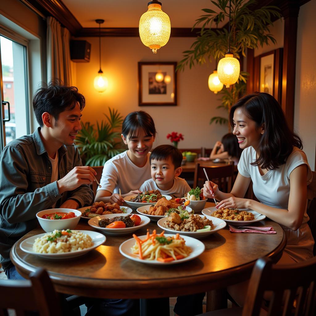 Family dining in a budget-friendly restaurant in Hanoi