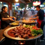 Hanoi street food vendors preparing and serving various buffalo meat dishes.