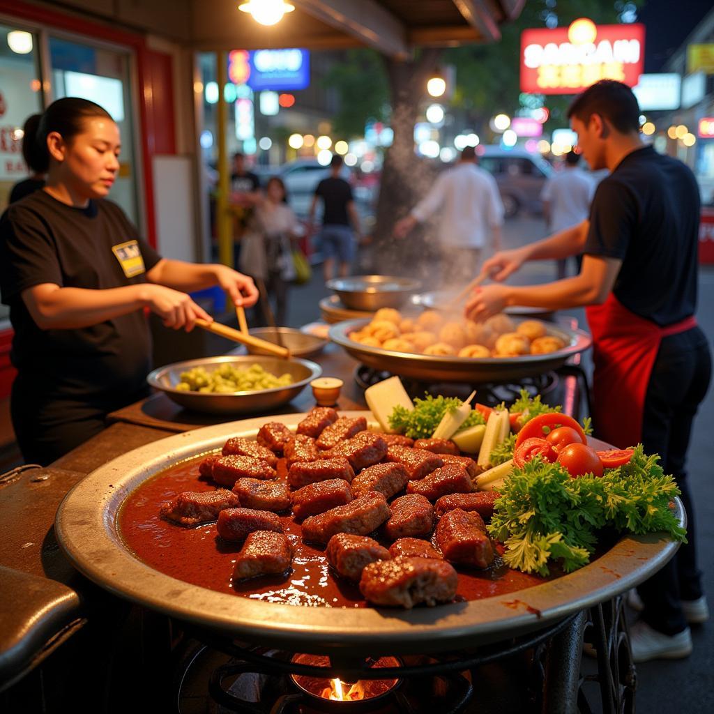 Hanoi street food vendors preparing and serving various buffalo meat dishes.