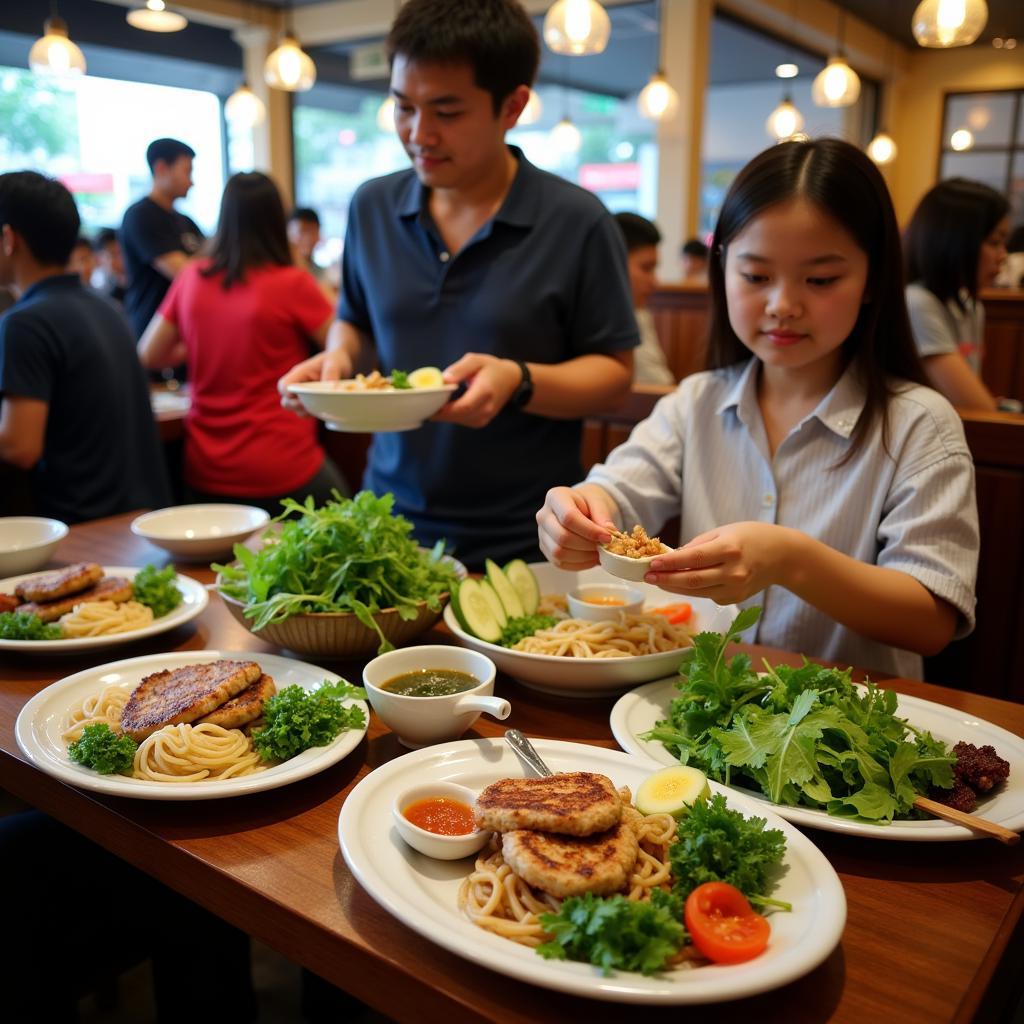 A bustling Hanoi restaurant serving bun cha, a popular Vietnamese dish.