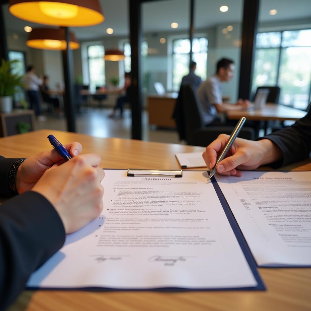 Signing a car rental contract in Hanoi